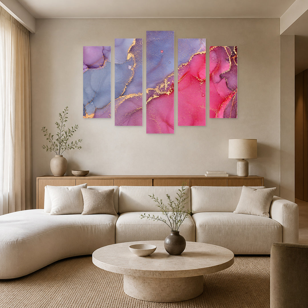 Abstract Texture with Golden Elements Modern Composition — five-panel wall art in frontal interior | 5wallart 54945 M3