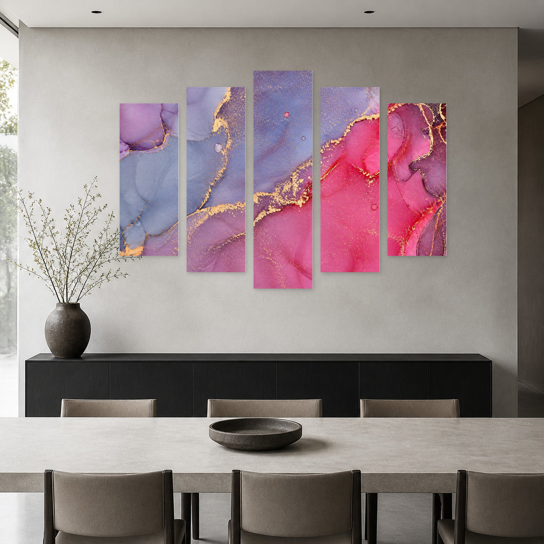 Abstract Texture with Golden Elements Modern Composition — five-panel wall art in alternate frontal interior | 5wallart 54945 M4