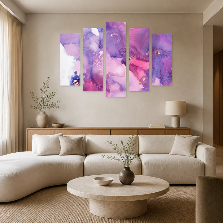 Abstract Purple Background with Geometric Rhythm III — five-panel wall art in frontal interior | 5wallart 54947 M3