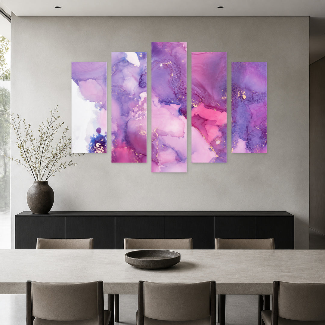 Abstract Purple Background with Geometric Rhythm III — five-panel wall art in alternate frontal interior | 5wallart 54947 M4