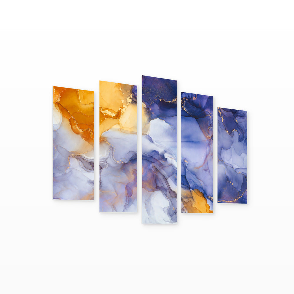 Marble Indigo Effect with Geometric Rhythm — five-panel wall art on white background in perspective | 5wallart 54948 M1