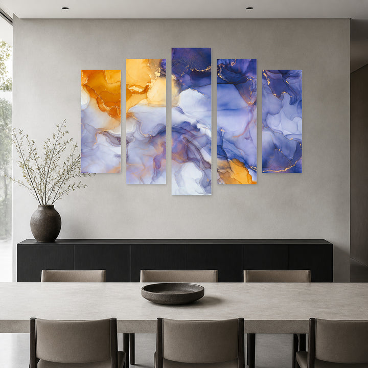 Marble Indigo Effect with Geometric Rhythm — five-panel wall art in frontal interior | 5wallart 54948 M3