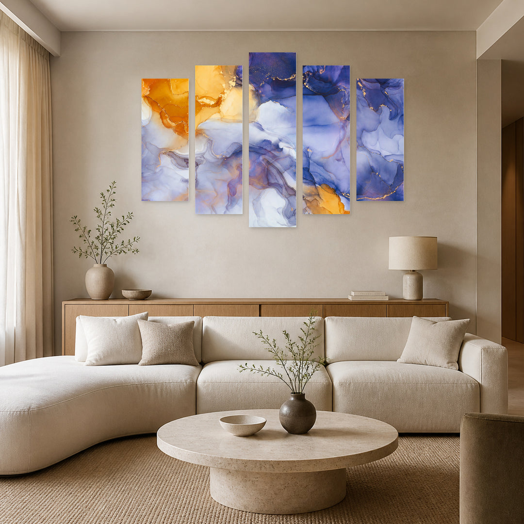 Marble Indigo Effect with Geometric Rhythm — five-panel wall art in alternate frontal interior | 5wallart 54948 M4