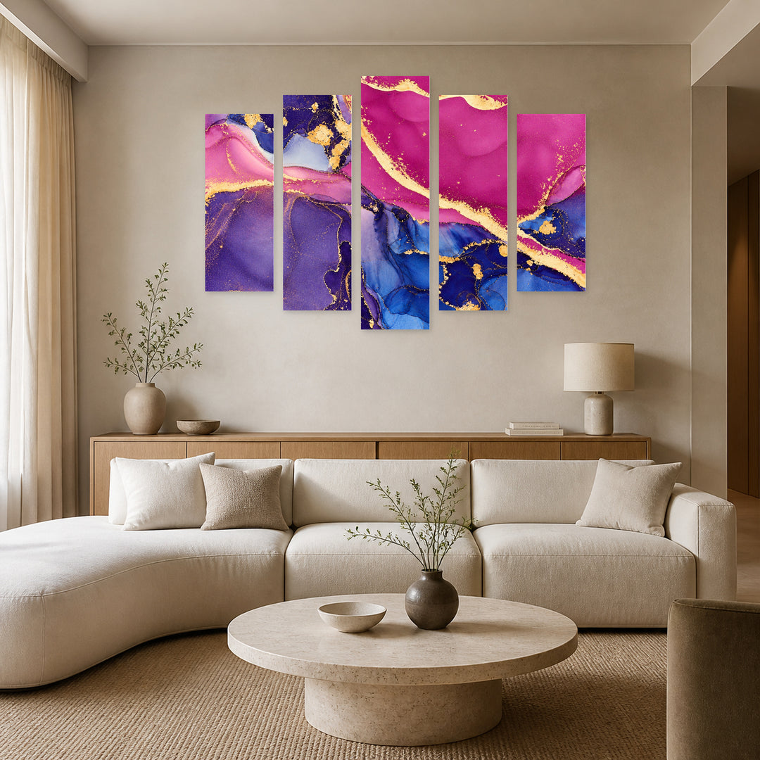 Colorful Abstraction Modern Composition — five-panel wall art in frontal interior | 5wallart 54949 M3