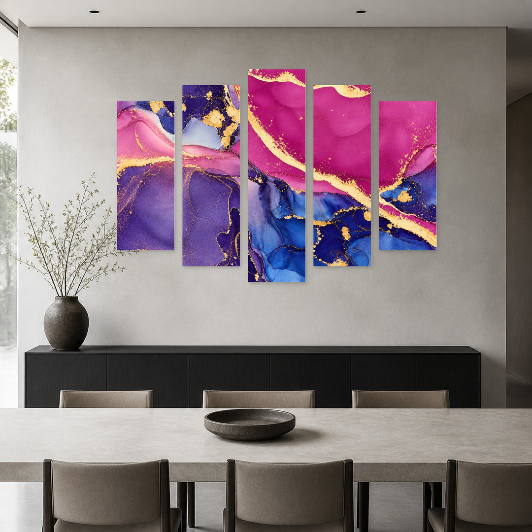 Colorful Abstraction Modern Composition — five-panel wall art in alternate frontal interior | 5wallart 54949 M4