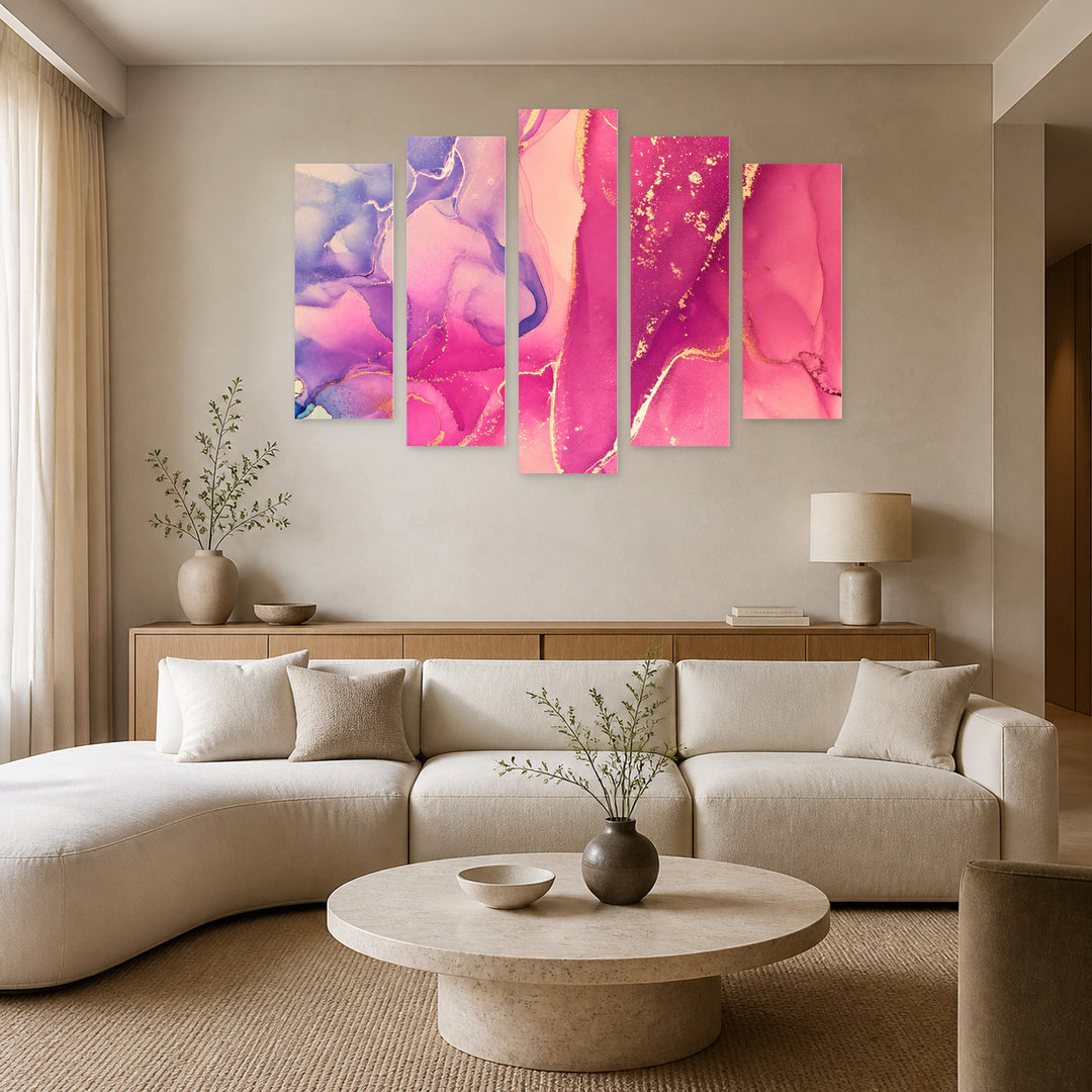 Abstract Pink Gradients with Dreamlike Atmosphere — five-panel wall art in alternate frontal interior | 5wallart 54950 M4