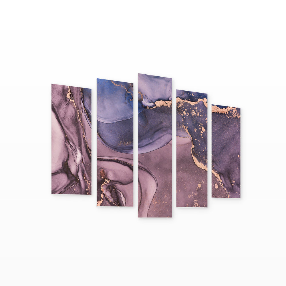 Ink Waves in Purple with Geometric Rhythm — five-panel wall art on white background in perspective | 5wallart 54951 M1
