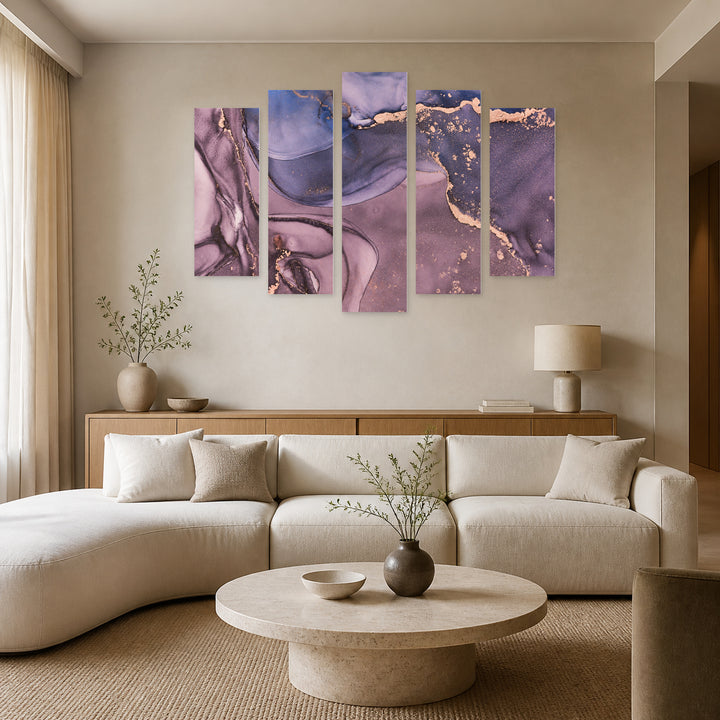 Ink Waves in Purple with Geometric Rhythm — five-panel wall art in frontal interior | 5wallart 54951 M3