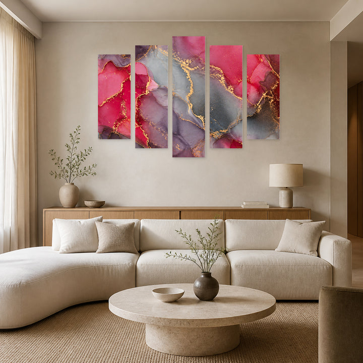 Freely Flowing Textures with Dreamlike Atmosphere — five-panel wall art in alternate frontal interior | 5wallart 54952 M4