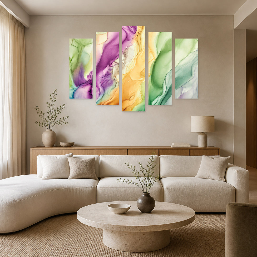 Marble Texture in Natural Colors with Geometric Rhythm — five-panel wall art in alternate frontal interior | 5wallart 54954 M4