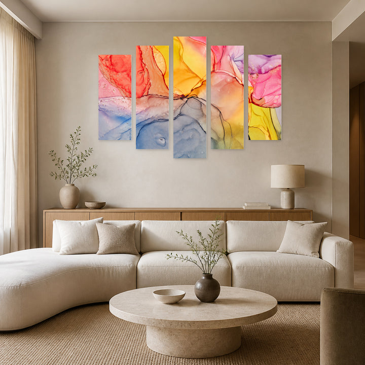 Abstract Multicolor Gradients with Dreamlike Atmosphere — five-panel wall art in frontal interior | 5wallart 54955 M3