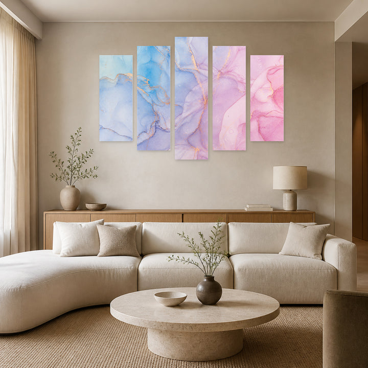 Marble Texture in Soft Colors in Serene Light — five-panel wall art in alternate frontal interior | 5wallart 54956 M4