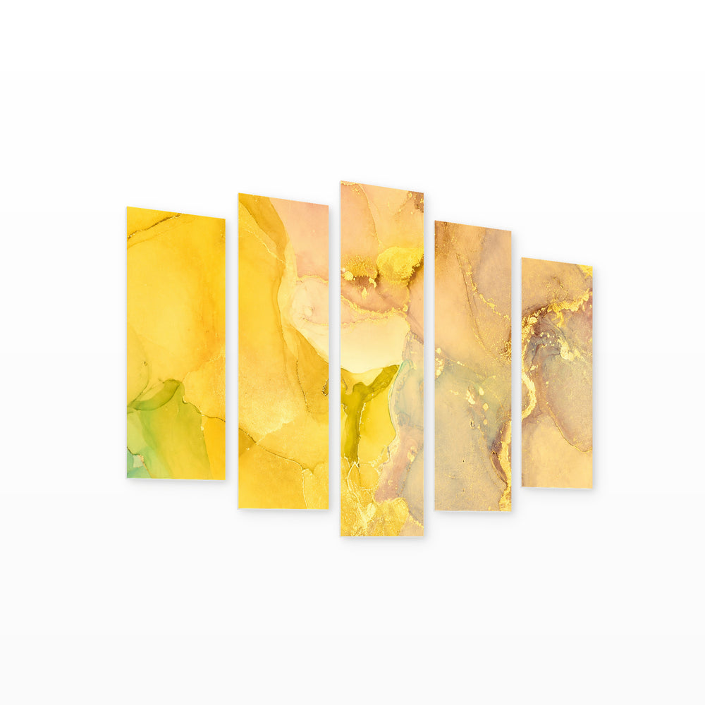 Marble Abstraction in Yellow with Geometric Rhythm II — five-panel wall art on white background in perspective | 5wallart 54957 M1
