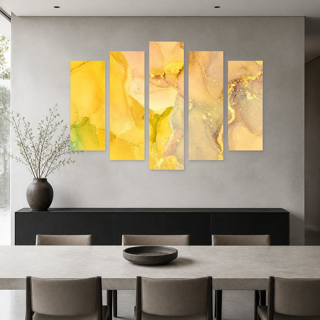 Marble Abstraction in Yellow with Geometric Rhythm II — five-panel wall art in alternate frontal interior | 5wallart 54957 M4