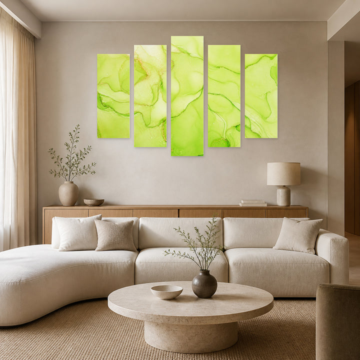 Green Gradients in Serene Light — five-panel wall art in alternate frontal interior | 5wallart 54958 M4