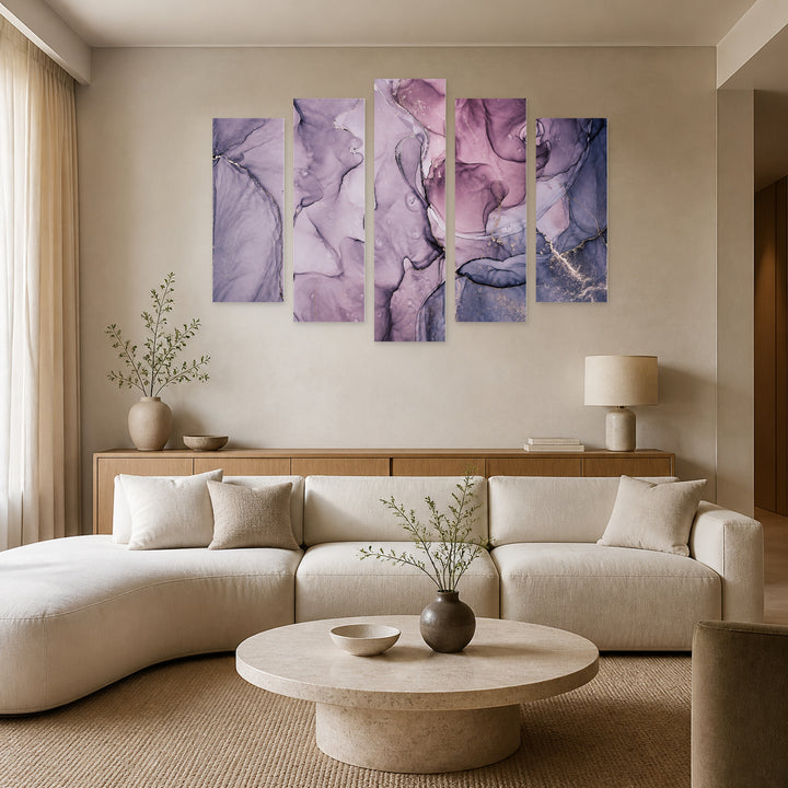 Marble Gradients in Purple with Dreamlike Atmosphere — five-panel wall art in frontal interior | 5wallart 54959 M3