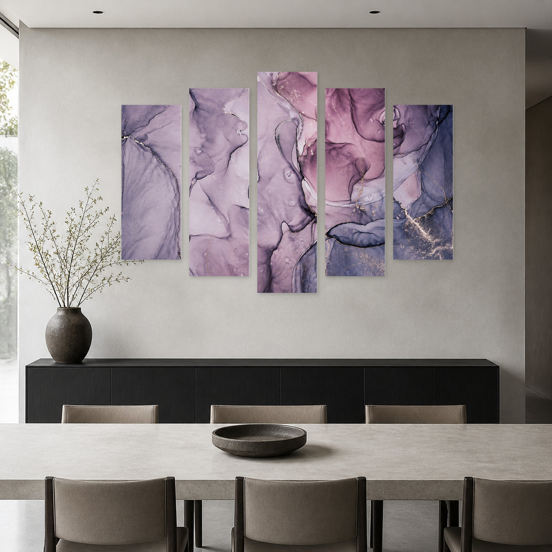 Marble Gradients in Purple with Dreamlike Atmosphere — five-panel wall art in alternate frontal interior | 5wallart 54959 M4