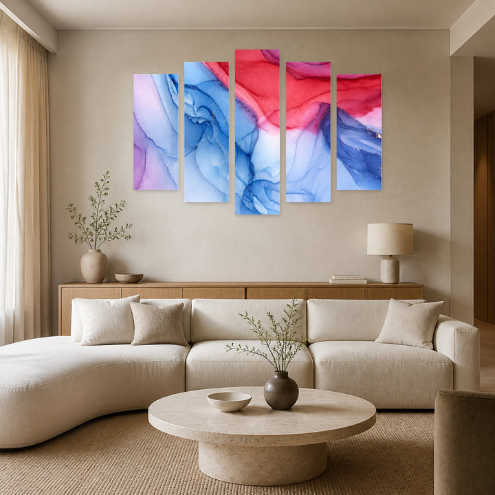 Marble Color Gradients in Serene Light — five-panel wall art in alternate frontal interior | 5wallart 54960 M4