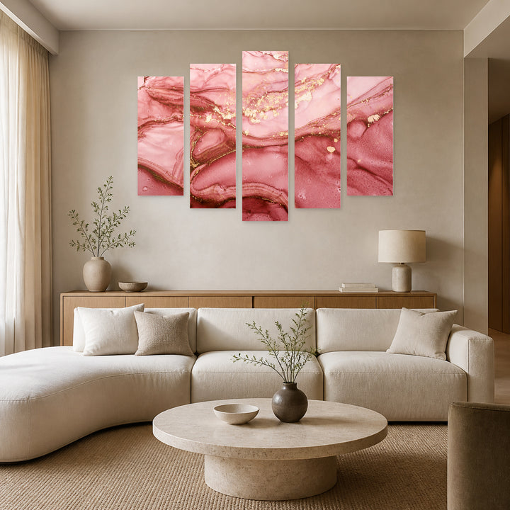 Abstract Wave in Pink with Geometric Rhythm — five-panel wall art in frontal interior | 5wallart 54961 M3
