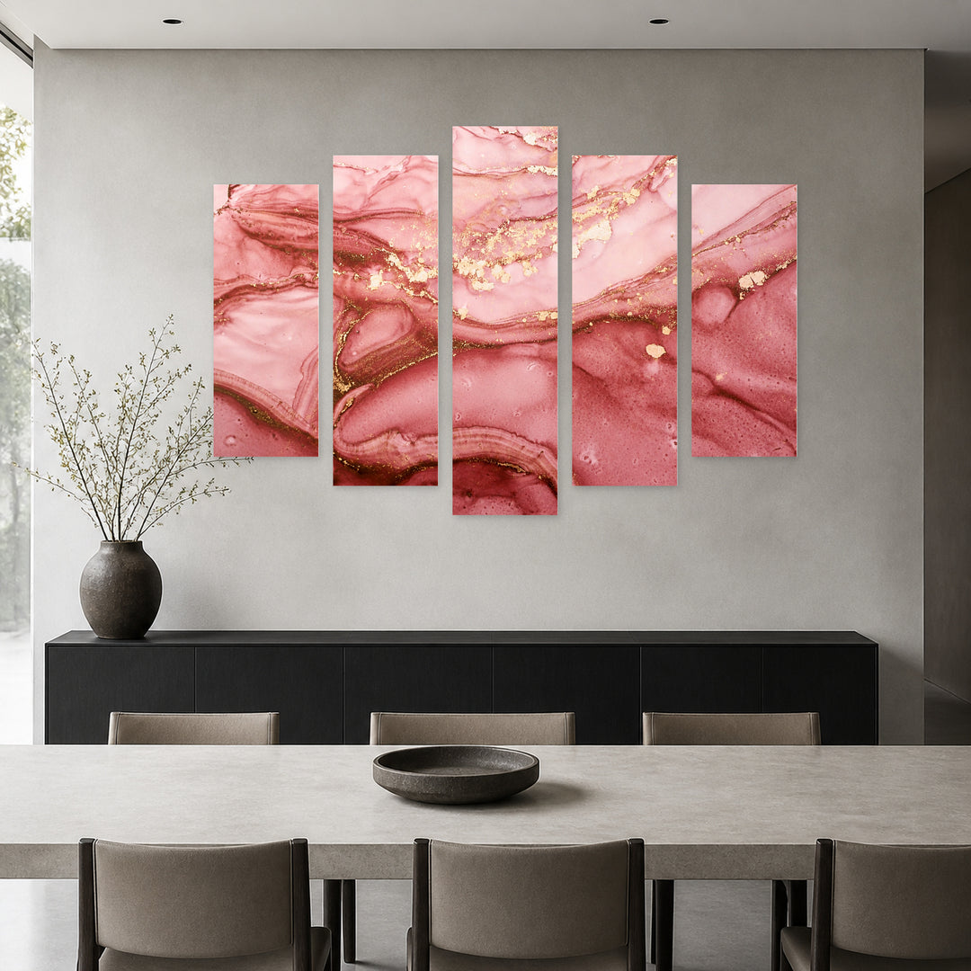 Abstract Wave in Pink with Geometric Rhythm — five-panel wall art in alternate frontal interior | 5wallart 54961 M4