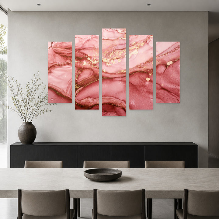 Abstract Wave in Pink with Geometric Rhythm — five-panel wall art in alternate frontal interior | 5wallart 54961 M4
