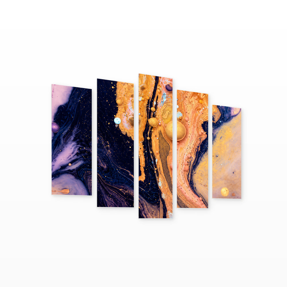 Colorful Abstract Bubbles in Blue and Gold II — five-panel wall art on white background in perspective | 5wallart 54962 M1