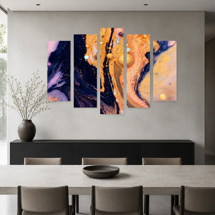 Colorful Abstract Bubbles in Blue and Gold II — five-panel wall art in frontal interior | 5wallart 54962 M3