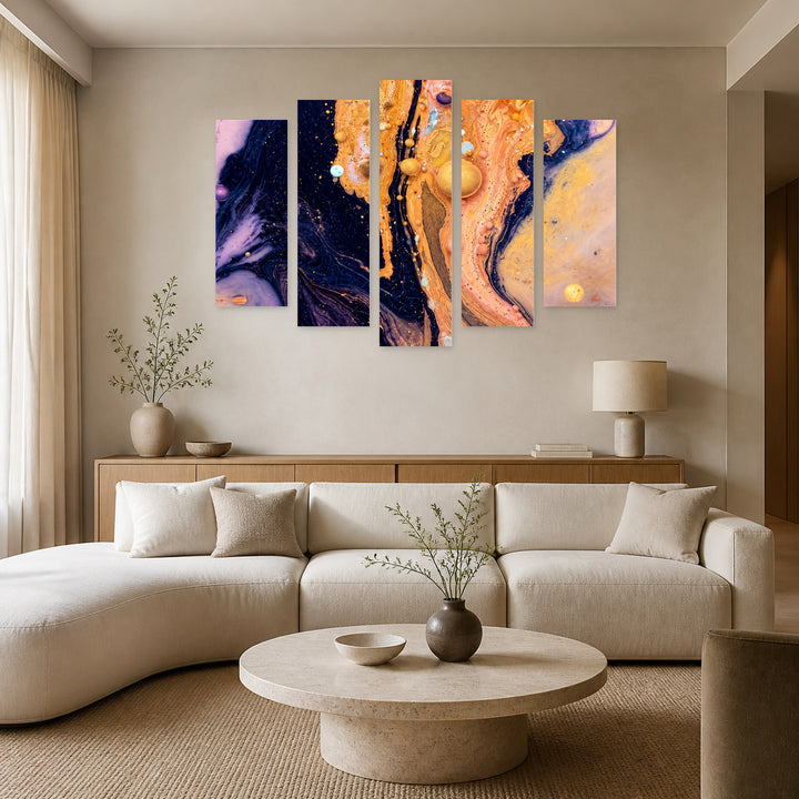 Colorful Abstract Bubbles in Blue and Gold II — five-panel wall art in alternate frontal interior | 5wallart 54962 M4
