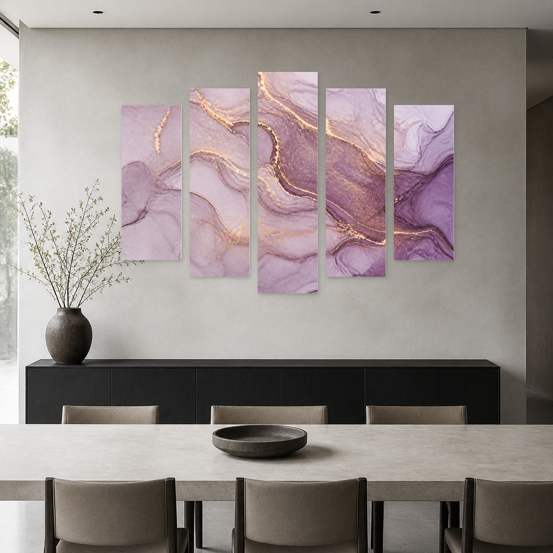 Marble Blend in Purple with Dreamlike Atmosphere — five-panel wall art in alternate frontal interior | 5wallart 54963 M4