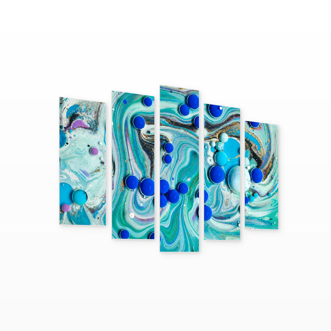 Blue Acrylic Bubbles in Serene Light — five-panel wall art on white background in perspective | 5wallart 54964 M1