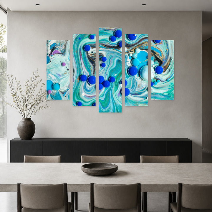 Blue Acrylic Bubbles in Serene Light — five-panel wall art in frontal interior | 5wallart 54964 M3