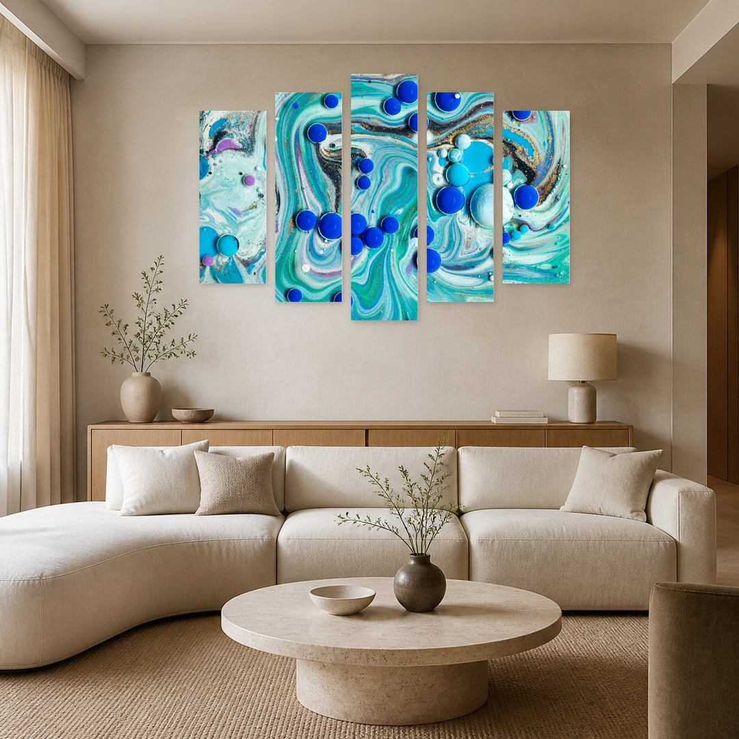 Blue Acrylic Bubbles in Serene Light — five-panel wall art in alternate frontal interior | 5wallart 54964 M4