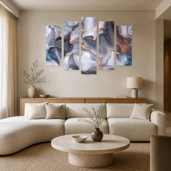 Fluid Marble Texture in Serene Light — five-panel wall art in frontal interior | 5wallart 54967 M3