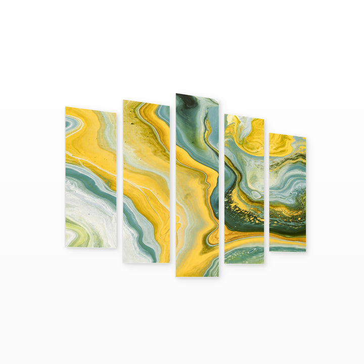 Yellow Abstract Gradients Modern Composition — five-panel wall art on white background in perspective | 5wallart 54968 M1