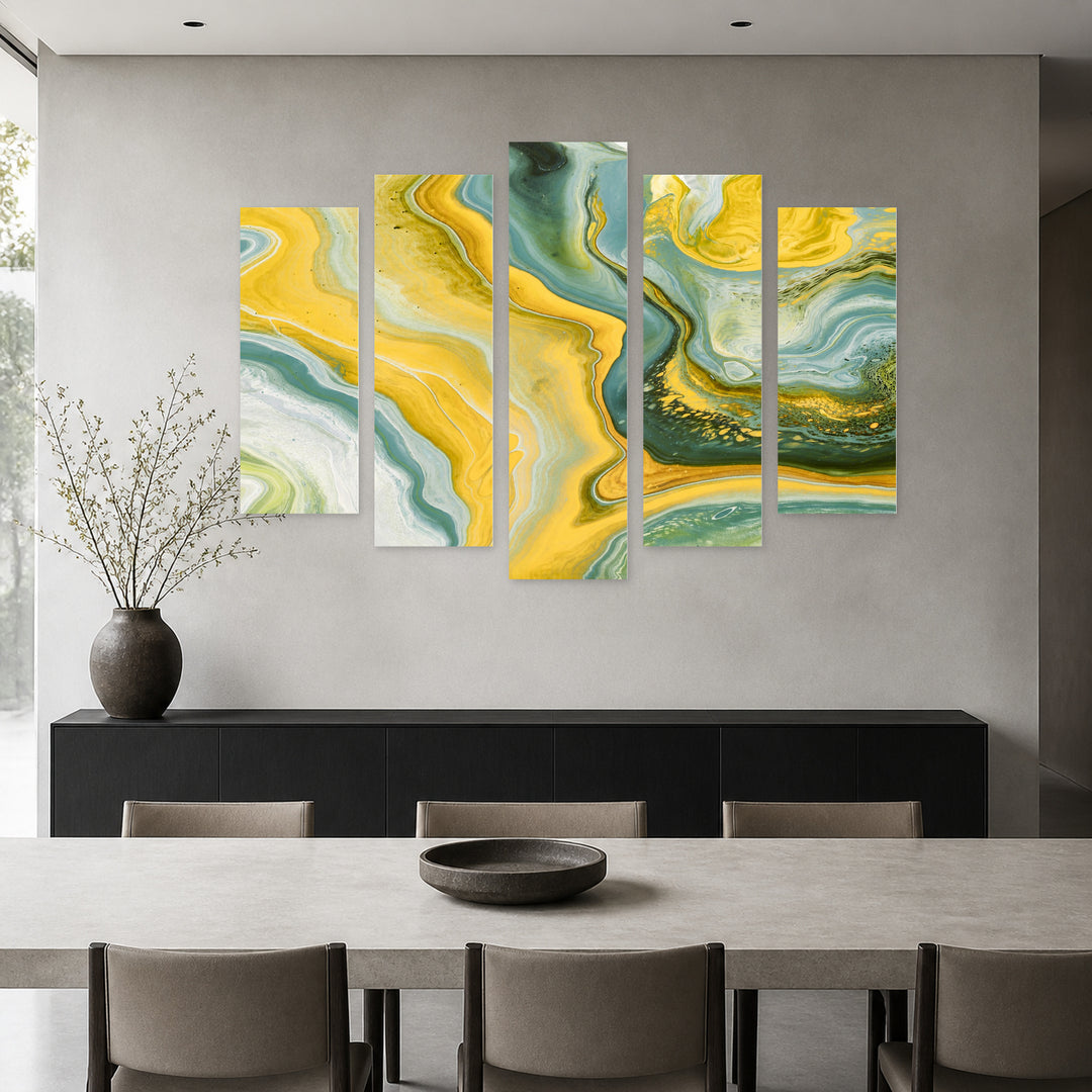 Yellow Abstract Gradients Modern Composition — five-panel wall art in frontal interior | 5wallart 54968 M3