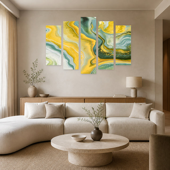Yellow Abstract Gradients Modern Composition — five-panel wall art in alternate frontal interior | 5wallart 54968 M4