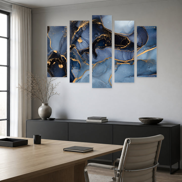 Marble Abstractions with Geometric Rhythm — five-panel wall art in alternate frontal interior | 5wallart 54969 M4