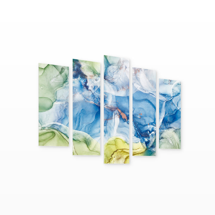 Abstract Blue Gradients with Dreamlike Atmosphere — five-panel wall art on white background in perspective | 5wallart 54970 M1