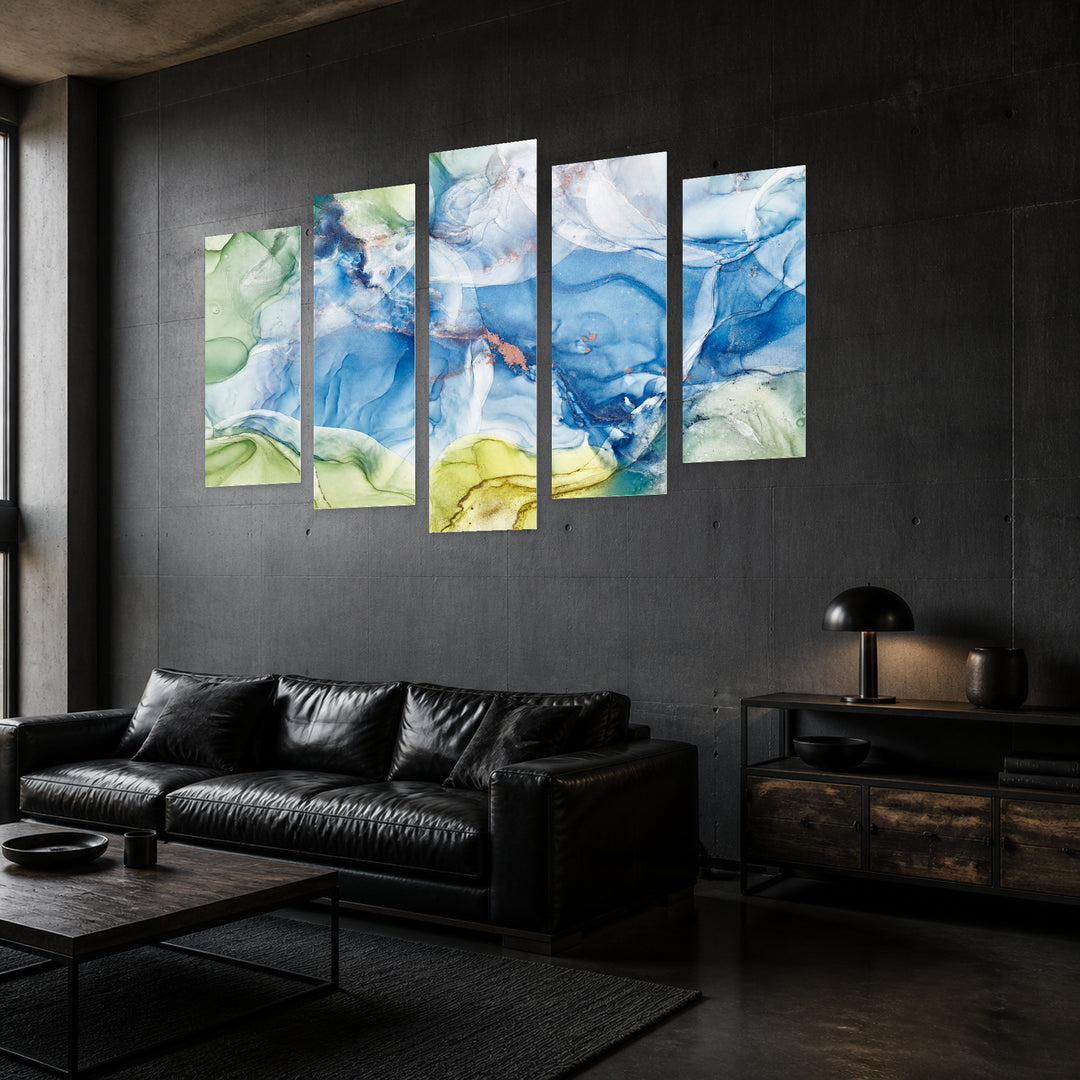 Abstract Blue Gradients with Dreamlike Atmosphere — five-panel wall art in perspective interior | 5wallart 54970 M2
