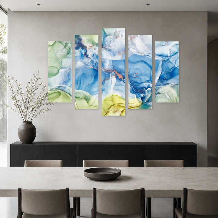 Abstract Blue Gradients with Dreamlike Atmosphere — five-panel wall art in frontal interior | 5wallart 54970 M3