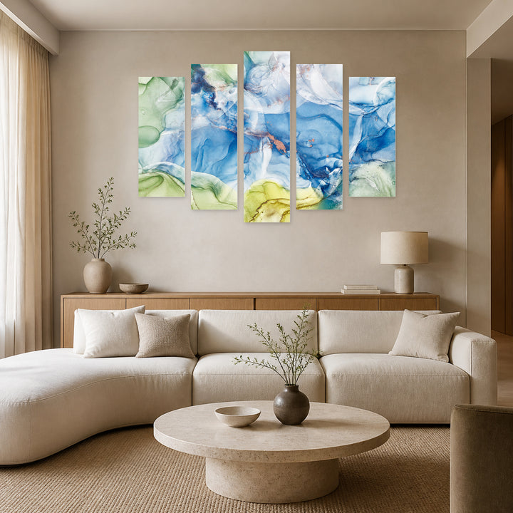 Abstract Blue Gradients with Dreamlike Atmosphere — five-panel wall art in alternate frontal interior | 5wallart 54970 M4