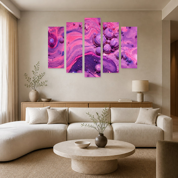 Pink Acrylic Bubbles with Dreamlike Atmosphere — five-panel wall art in frontal interior | 5wallart 54971 M3
