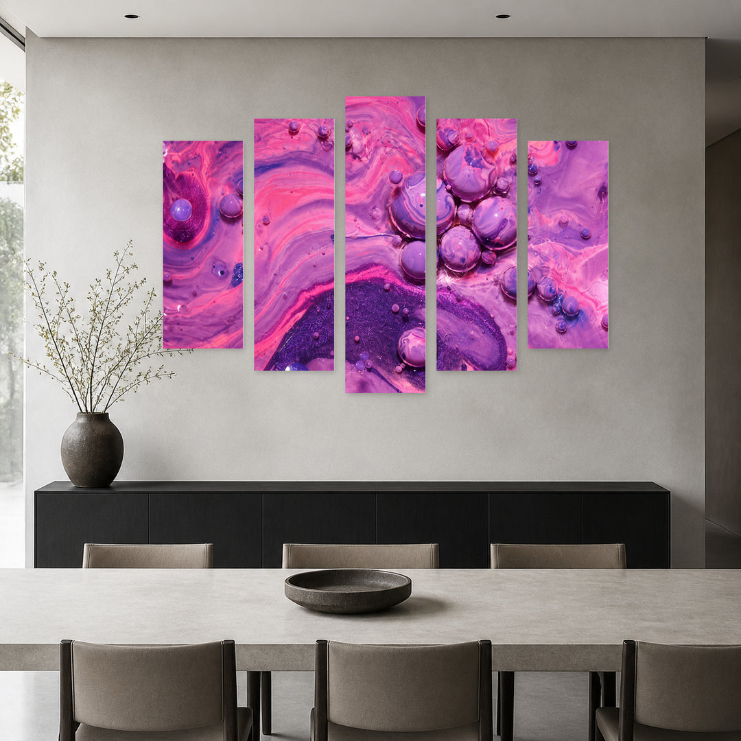 Pink Acrylic Bubbles with Dreamlike Atmosphere — five-panel wall art in alternate frontal interior | 5wallart 54971 M4