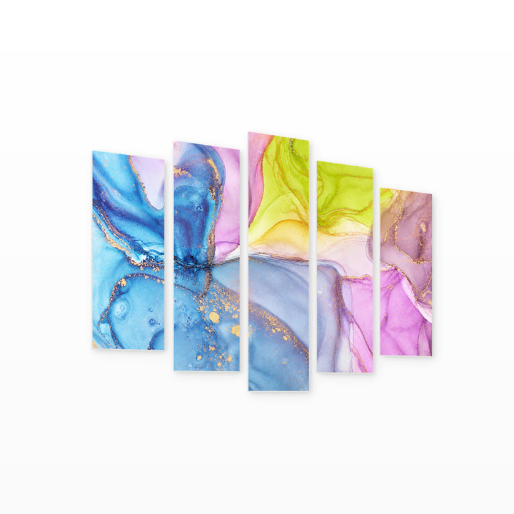 Multicolor Marble Abstraction Modern Composition — five-panel wall art on white background in perspective | 5wallart 54973 M1