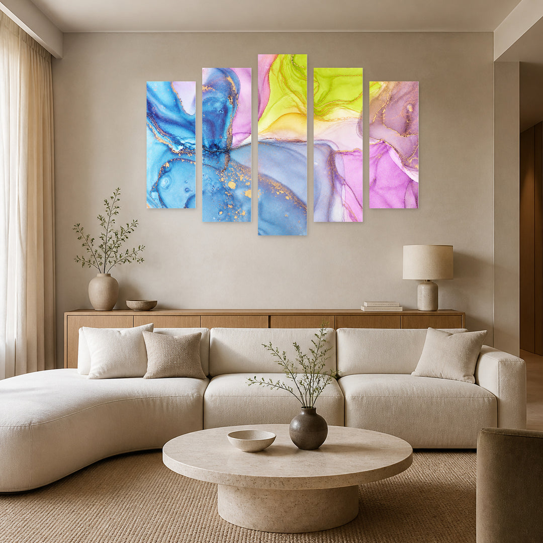 Multicolor Marble Abstraction Modern Composition — five-panel wall art in frontal interior | 5wallart 54973 M3