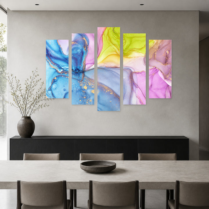 Multicolor Marble Abstraction Modern Composition — five-panel wall art in alternate frontal interior | 5wallart 54973 M4