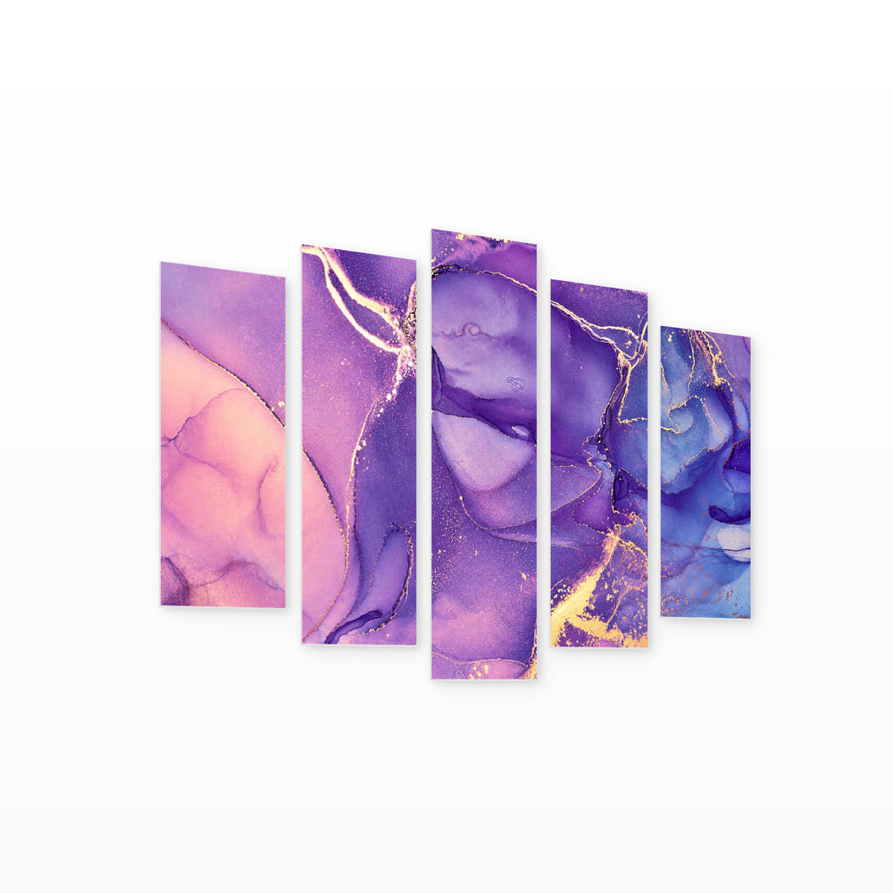 Purple Abstractions in Vivid Color — five-panel wall art on white background in perspective | 5wallart 54976 M1