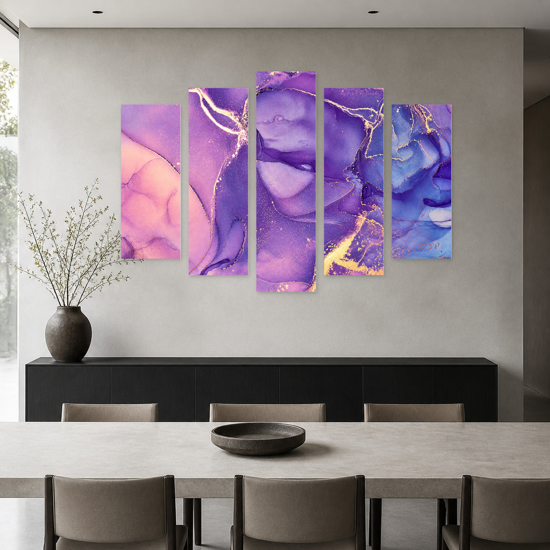 Purple Abstractions in Vivid Color — five-panel wall art in frontal interior | 5wallart 54976 M3