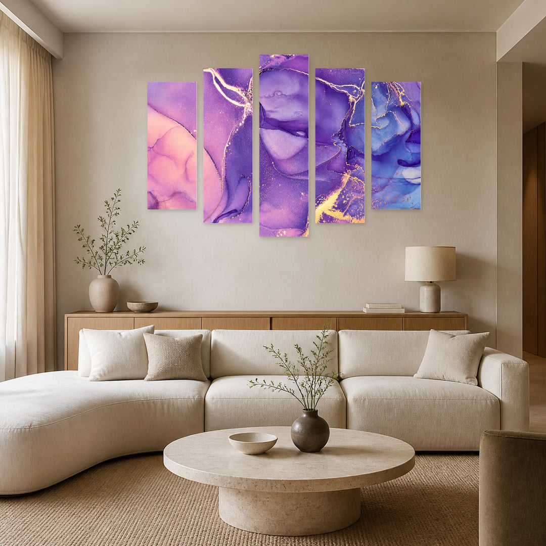 Purple Abstractions in Vivid Color — five-panel wall art in alternate frontal interior | 5wallart 54976 M4
