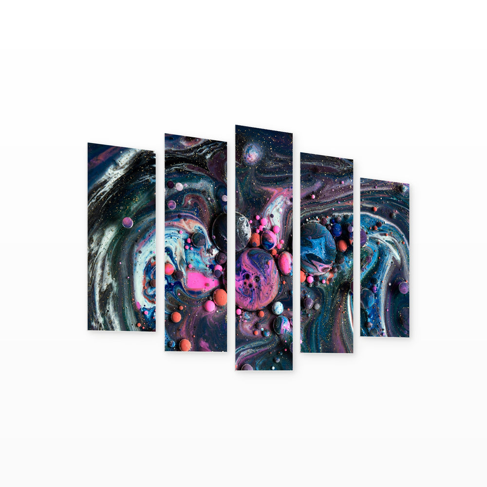 Abstractions in Dark Shades with Geometric Rhythm — five-panel wall art on white background in perspective | 5wallart 54977 M1
